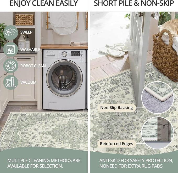 5x7 Non-Slip Washable Livingroom Vintage Area Rug, Sage Green