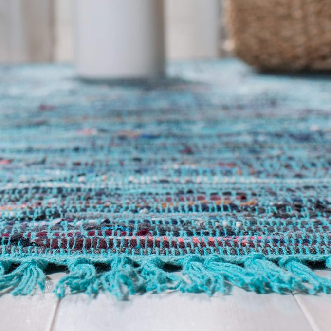 SAFAVIEH Rag Rug Collection Area Rug - 6' Square, Blue & Multi, Handmade Boho Stripe Cotton, Ideal for High Traffic Areas in Living Room, Bedroom (RAR121B)