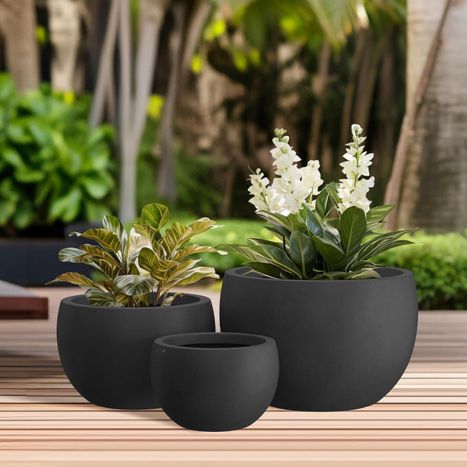 Kante Set of 3 Black Concrete Bowl Planters 20" 15.7" 11.8" Dia