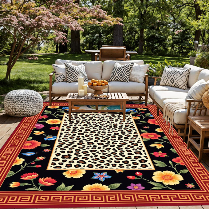 Luxury Flamingo Tropical Leaf Flower Patter 4x6 Outdoor Rug Blue Pink Gold Waterproof Soft Pile Carpet for Patio Porch Deck Balcony Chic Double Layer Border Garden Backyard Durable Mat