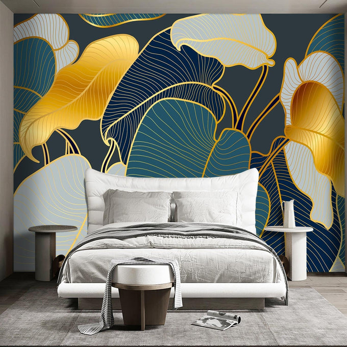 Golden Botanical Leaf wallpeper Living Room Bedroom wall Mural - 91"x65"（Not Peel and Stick）
