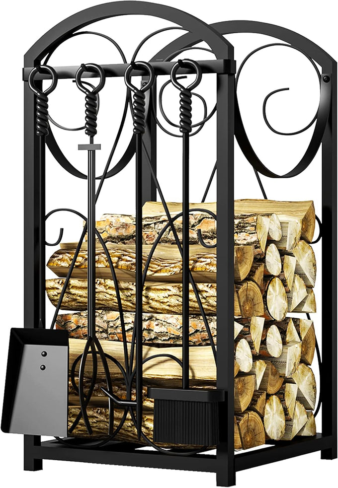 Kingson Firewood Rack Indoor Wood Holders Fireplace Tool Rack Outdoor Log Holder Rack Lumber Storage Stacking Fireplace Tools Set Wood Stove Accessories Black