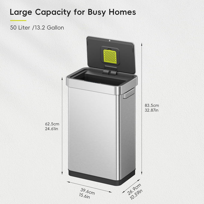 EKO Deluxe Mirage-T 50 Liter / 13.2 Gallon Touchless Rectangular Motion Sensor Trash Can or Recycling Bin, Matte Stainless Steel Finish
