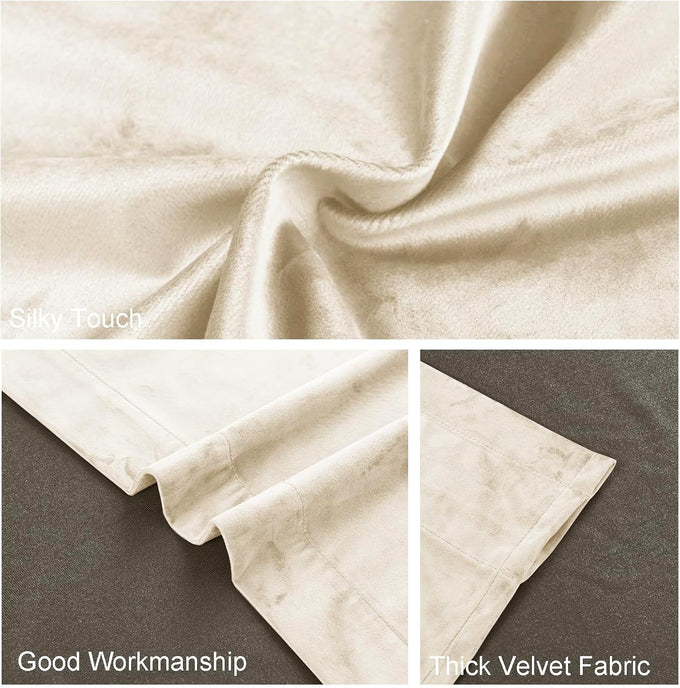 JIUZHEN Beige Velvet Blackout Curtains 52W x 120L 2 Panels with Tiebacks