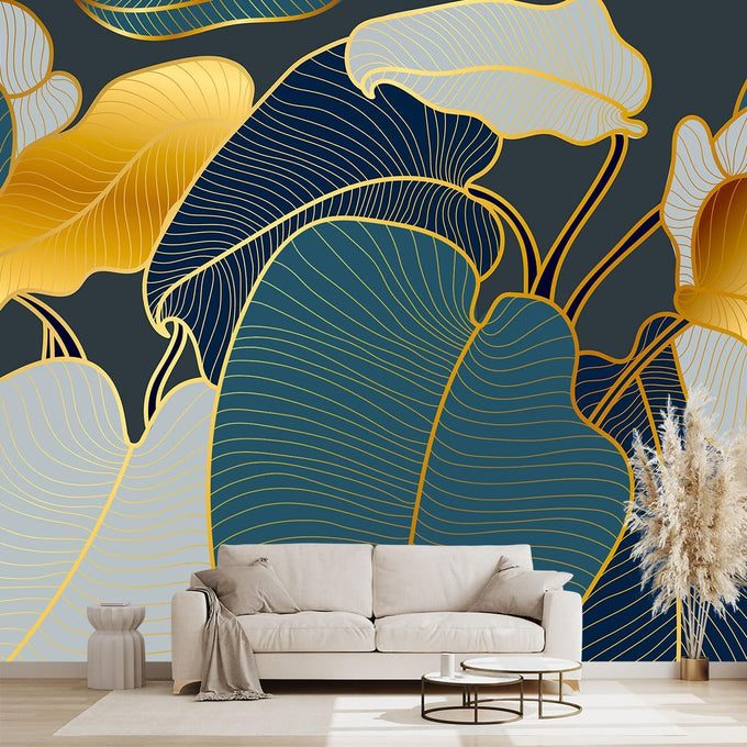 Golden Botanical Leaf wallpeper Living Room Bedroom wall Mural - 91"x65"（Not Peel and Stick）