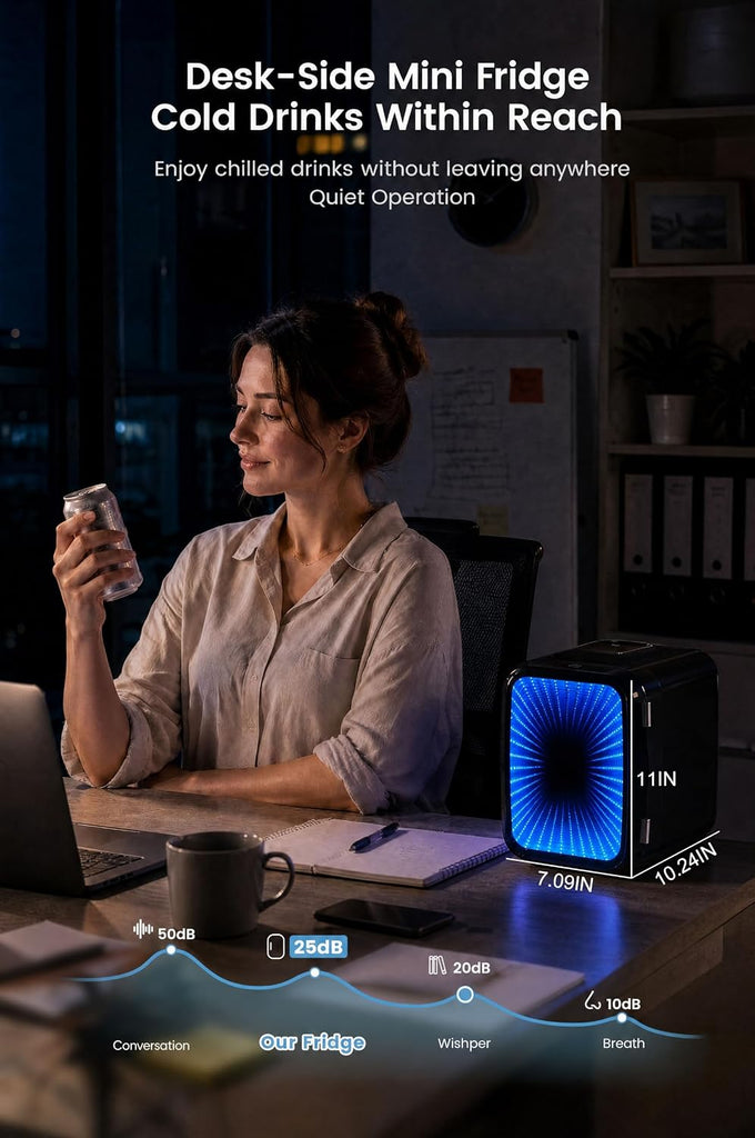 Mini Fridge, 4L/6 Can Compact Fridge with 6 Color Dimmable LED Mirror Light