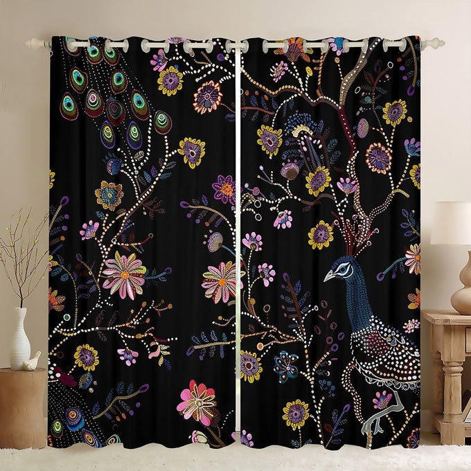 Feelyou Peacock Floral Blackout Curtains 2 Panels 52x84 Inch