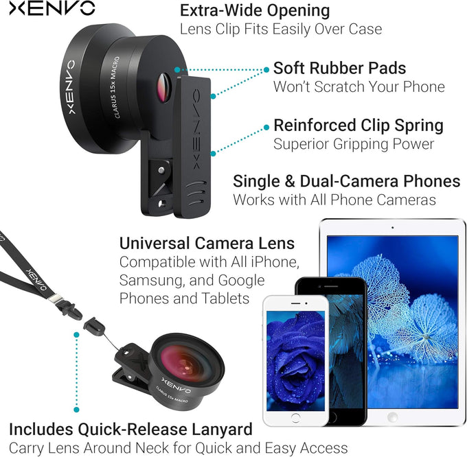 Xenvo Pro Lens Kit for iPhone and Android, Macro and Wide Angle Lens with LED Light and Travel Case Black