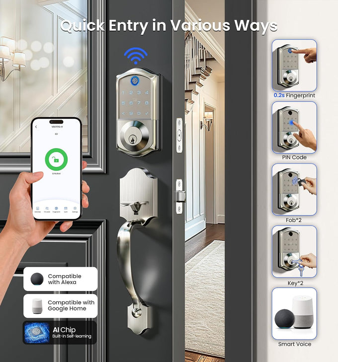 Veise VE017G-H Wi-Fi Smart Door Lock Deadbolt with Handle Set, Satin Nickel