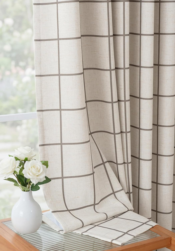 THREE GIRLS Pinch Pleated Plaid Curtains Blackout Linen Gingham Curtains for Living Room,Bedroom Checkered Patterned Insulated 84 Inches Long Double Layer 2 Panels Set Printed Design Darkening