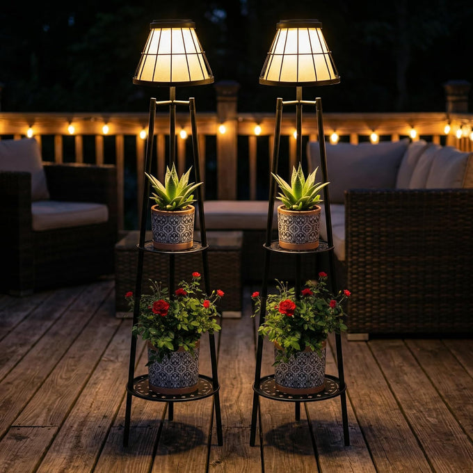 2 Pack Solar Lights with Plant Stands, 45.4'' Waterproof Outdoor Metal Solar Floor Lamps for Patio Deck Yard Pathway Porch Garden