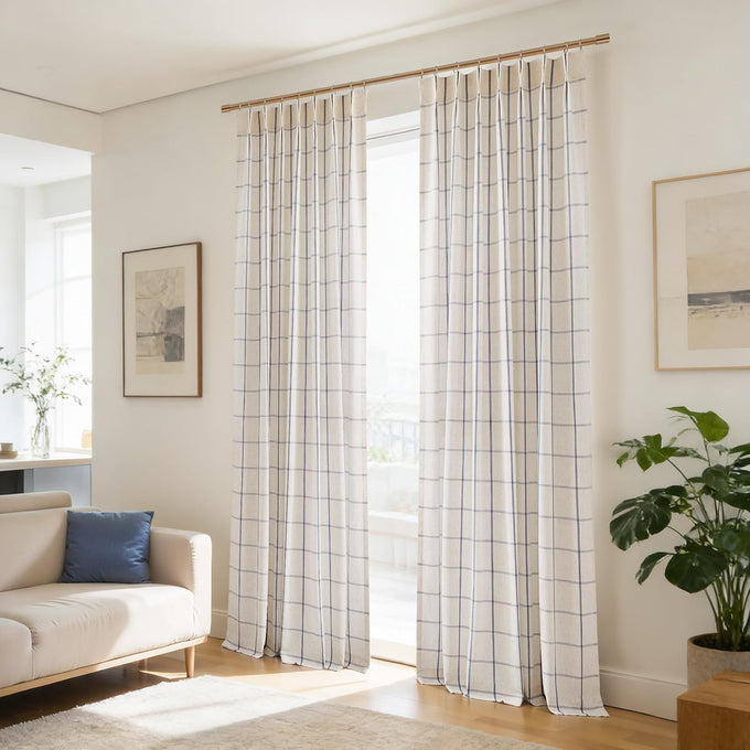 Cornflower Blue Plaid Pinch Pleated Semi Sheer Curtain, 40"Wx108"Lx2