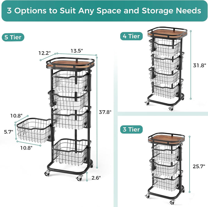 5 Tier Rotating Kitchen Storage Cart, Fruit Vegetable Potato Rack Stand