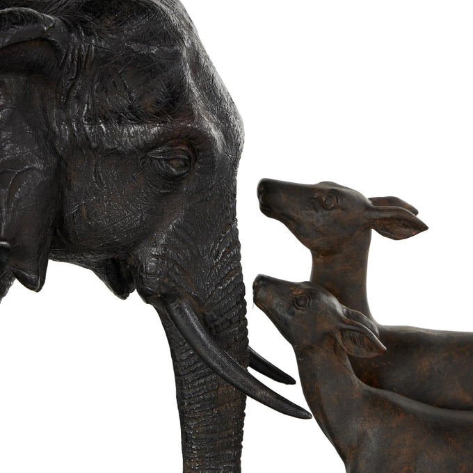 Deco 79 Resin Elephant Decorative Sculpture Walking Home Decor Statue with Dark Brown Deer, Accent Figurine 20" x 6" x 11", Black