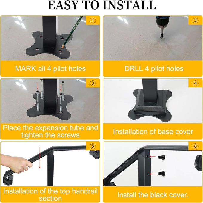 Handrail Railing, Single Post Handrail, Stair Railing for Concrete,Sturdy Handrails with Base, Mountable Iron Stair Handrail for 1 or 2 Steps, Grab Rail for Steps Porch, Railings for Outdoor Step
