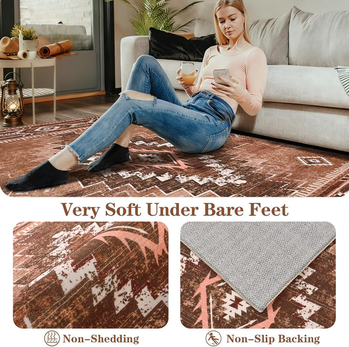 Yinhua Living Room Rug 6x9, Western Washable Rug for Bedroom, Brown