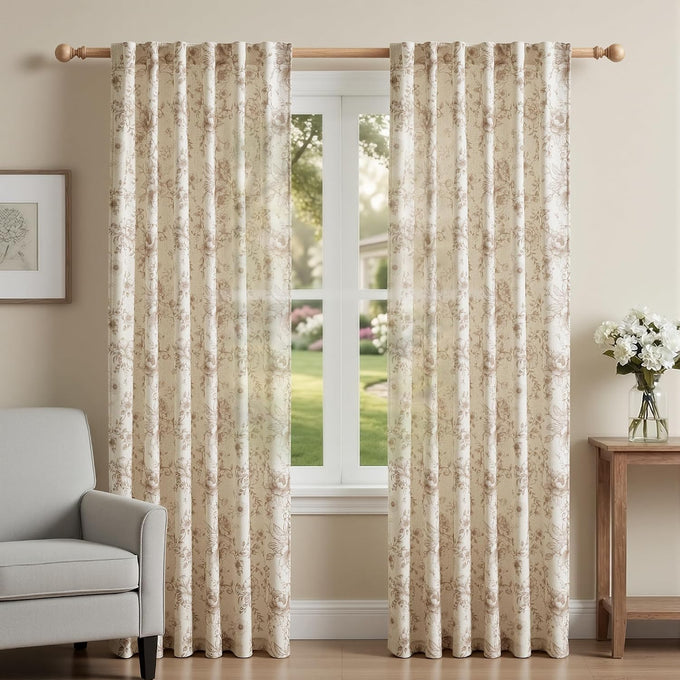 XWZO Floral Curtains for Living Room Linen Farmhouse Curtains 96 Inch Length Taupe Floral Patterned Curtain Peony Flower Printed Back Tab Curtain Bedroom Window Drapes 2 Panels
