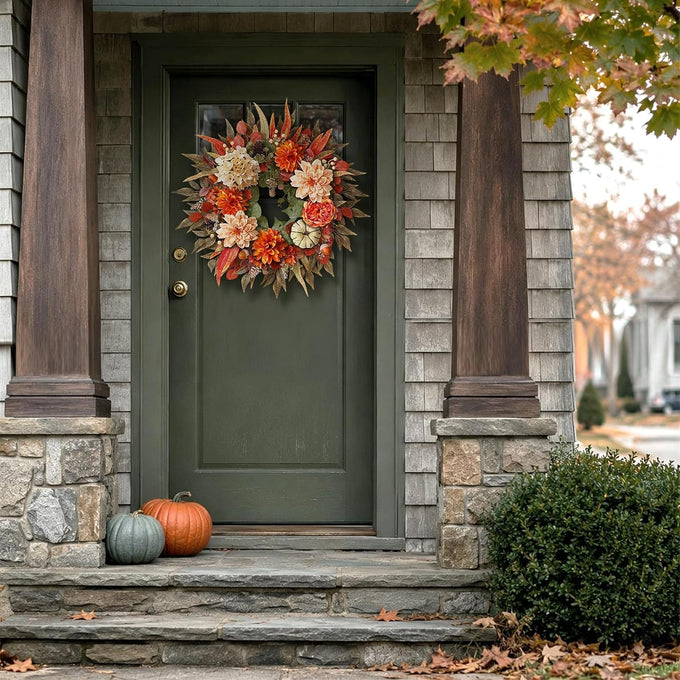 24"Artificial Silk Hydrangea Flower Dahlia Fall Wreath for Front Door Decor