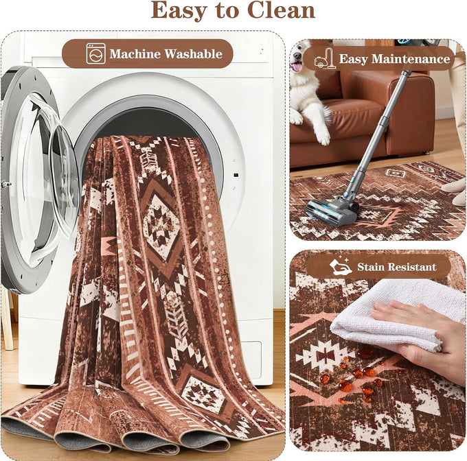 Yinhua Living Room Rug 6x9, Western Washable Rug for Bedroom, Brown