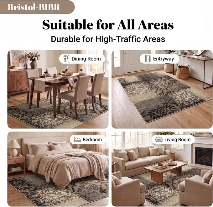 Superior Bristol Collection Area Rug, 8mm Pile Height with Jute Backing, Chic Geometric Damask Patchwork Design, Fashionable and Affordable Woven Rugs - 2'7" x 8' Runner, Beige & Brown