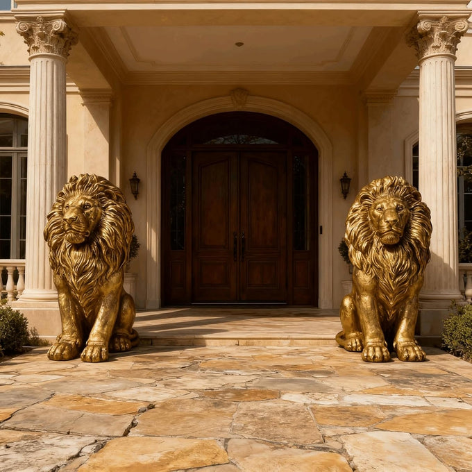 Large Golden Lion Garden Statue, 24" Resin Regal Sitting Lion Sculpture for Front Door, Luxury Home Entrance Guardian Decor, Outdoor Animal Figurine, Feng Shui Protection Beast