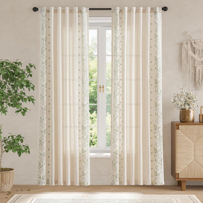 jinchan Sage Floral Linen Curtains for Living Room 84" Back Tab 2 Panels