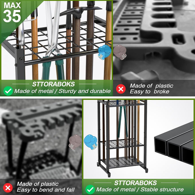 Garden Tool Organizer, Garage Tool Organizer & Garage Organization, Heavy Duty Steel Tool Storage Rack Holds 35 Rakes, Brooms Tools, Broom Holder and Mop Holder, Shed Organizer for Home Organization