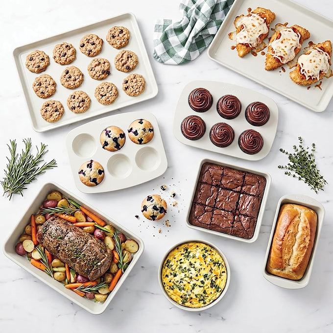 Larder & Vine 8-Piece Stackable Bakeware Set, Ceramic-Coated Nonstick Baking Pan Set, Non-Toxic, with Baking Sheets, Muffin Pan, Loaf Pan & Cake Pans, French Gray