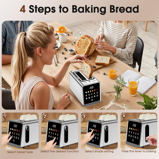 Smart Toaster 2 Slice with Touchscreen, 900W Stainless Steel Wide Slot 1.5 Inch, BreadID Tech Live Countdown Timer, Memory Function, Defrost Reheat for Bagel Waffle Bread, Kitchen Essentials