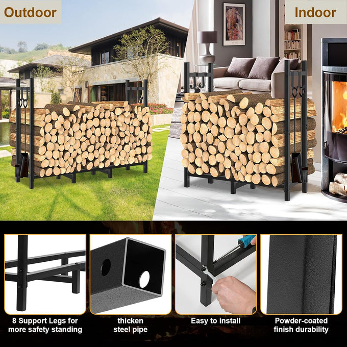 4FT Outdoor Firewood Rack, Wood Storage with 600D Waterproof Oxford Cover Heavy Duty 8 Legs Firewood Log Holder Indoor with Log Carrier, Gloves, and Kindling Hooks for Fireplace Patio Deck Wood Rack
