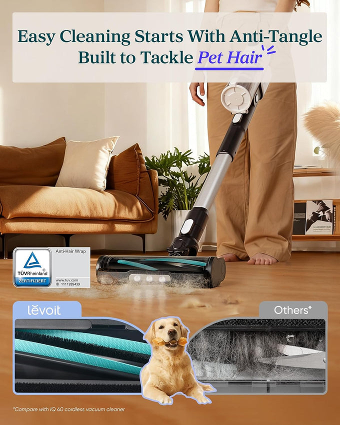 Levoit Cordless Vacuum Cleaner, Anti-Tangle for Pet Hair, Up to 50 Minutes