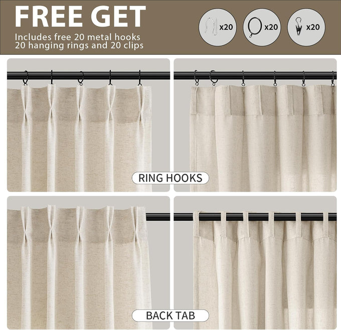 Guken Pinch Pleated Linen Curtains 98 Inches Long 2 Panels Set for Living Room Bedroom Natural Cream Farmhouse Modern Light Filtering Semi Sheer Pleat Drapes Back Tab Window Privacy Beige Ivory 40x98