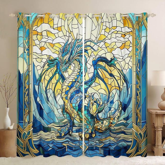 Western Dragon Kids Blackout Curtains,Glass Dragon Flying Wing Trippy Window Drapes for Boys Girls,Geometric Patchwork Abstract Blue Unique Window Treatments Grommet Top 2 Panel Set,52Wx96L inch