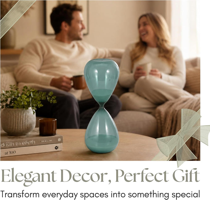 Bombara Teal Hourglass Decorative Object – Small Transparent Glass Sand Timer Modern Home Decor Accent – Shelf & Coffee Table Decor for Office & Living Room – 14", Blue & Green