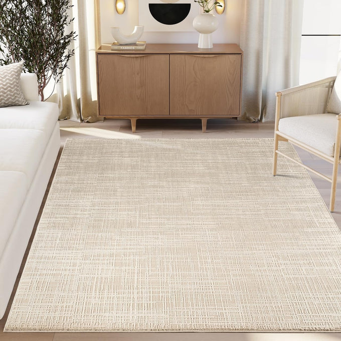 Abani Beige Area Rug - 4' x 6' - Living Room & Bedroom - Textured Stripe Weave Design - Indoor Use - Easy to Clean, Stain Resistant, Non-Shedding - Neutral Collection