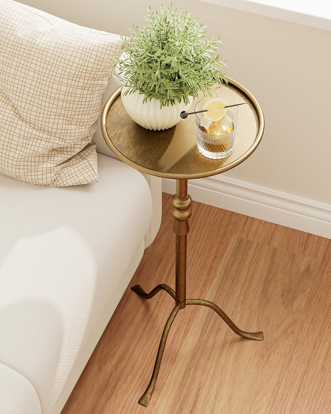25.6" Vintage Round Pedestal End Table with Tray Top, Bronze