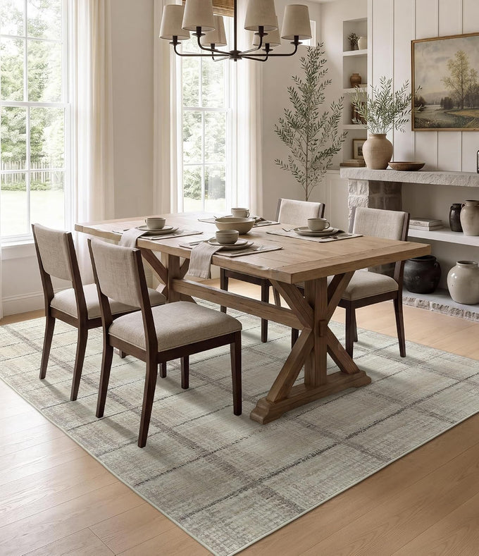 YIHOUSE 5x7 Beige Ivory Distressed Plaid Area Rug for Living Room