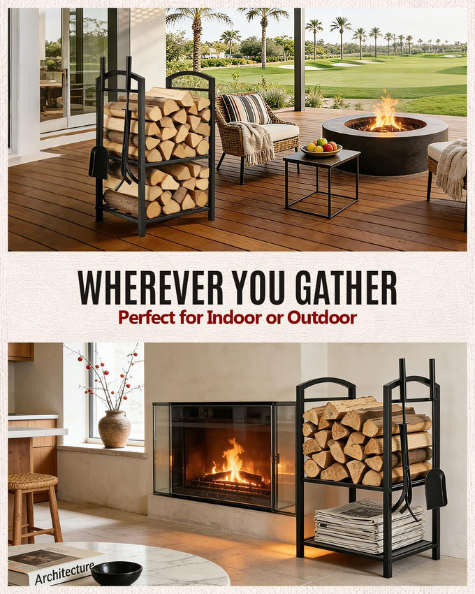 Breeze Touch 29" Heavy Duty Firewood Rack Indoor with 4 Fireplace Tools Set