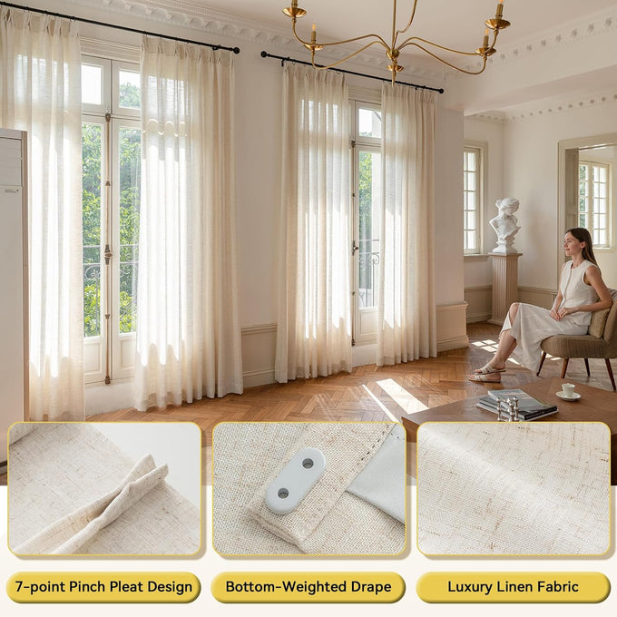 Liz Sheer Pinch Pleated Linen Curtains 95 Inches Long - Light Filtering Pleat Curtains for Living Room,Window Curtains for Bedroom, Luxury Pinch Pleated Drapes with Hooks, Natural, 2 Panels Set