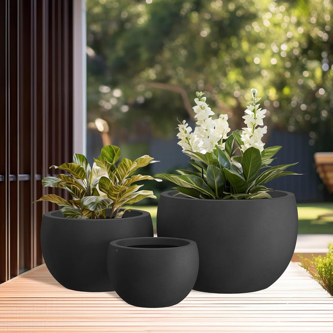 Kante Set of 3 Black Concrete Bowl Planters 20" 15.7" 11.8" Dia