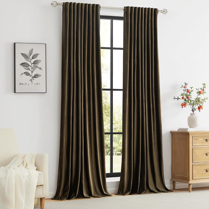 PRIMROSE Brown Velvet Curtains 108 inch Long for Living Room,Set of 2 Panels Blackout Rod Pocket Back Tab Window Treatment Room Darkening Heavy Decorative Curtains Drapes for Bedroom