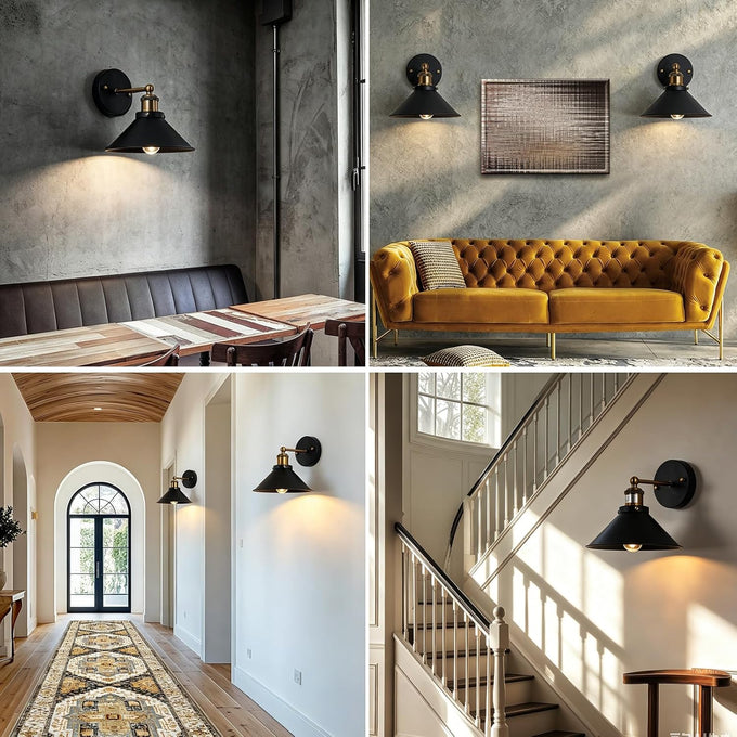 Black & Gold Industrial Wall Sconce, Vintage Farmhouse Lamp