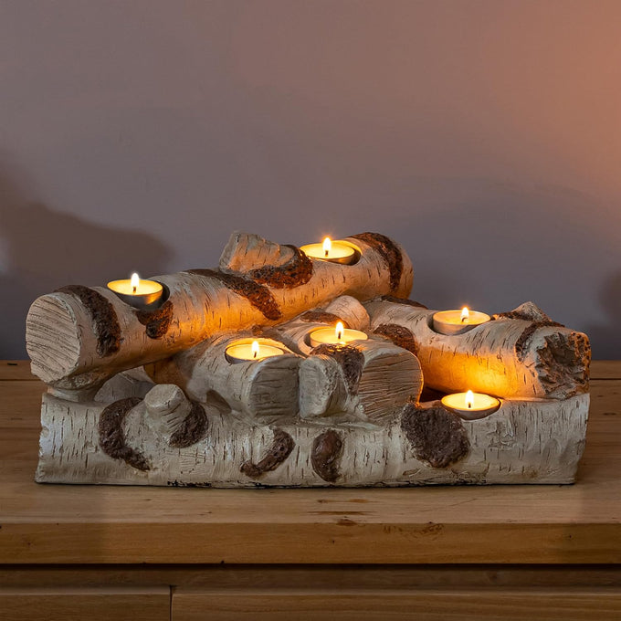 Plow & Hearth Faux Birch Fireplace Candle Holder, Resin Log Insert for Fireplace Decor, Holds 8 Fireplace Candles for Inside Fireplace, Cozy Living Room Fireplace Decorations