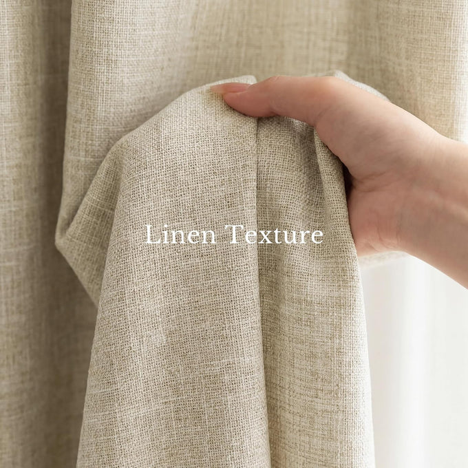 NICETOWN Farmhouse Linen Textured 100% Blackout Beige Curtains, Rustic 3-in-1 Header (Hooks/Tabs/Pocket) Thermal Drapes Room Darkening Window Treatments for Bedroom, 2 Panels, 52" W x 108" L