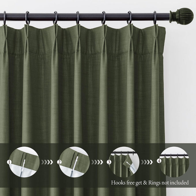 MYSKY HOME Olive Green Linen Pinch Pleated 100% Blackout Curtains 40Wx84L