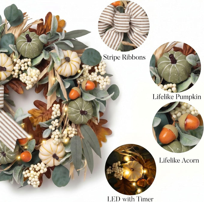Valery Madelyn 20'' Fall Wreaths for Front Door with LED Lights
