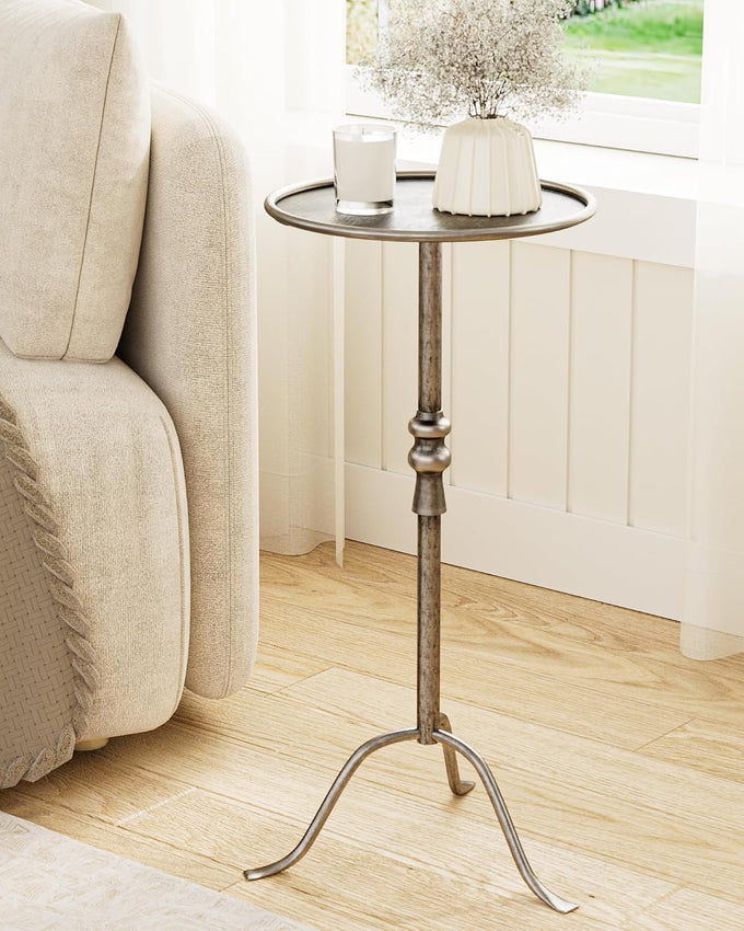 25.6" Vintage Round Pedestal End Table with Tray Top, Bronze
