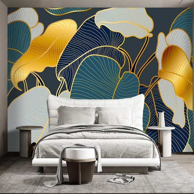 Golden Leaf wall murals Peel and Stick Modern Wallpaper for Bedroom Living Room - 85"x118"