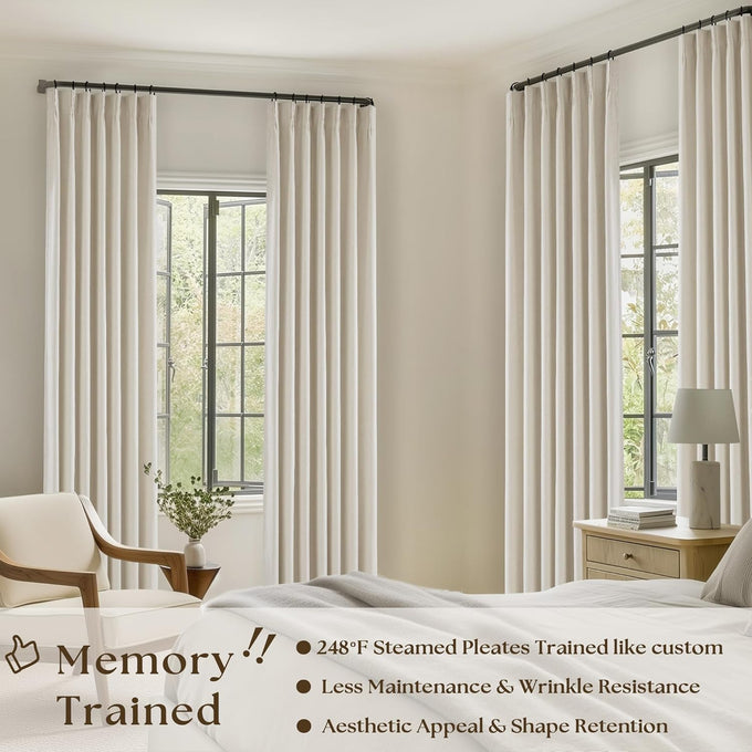 Cream Beige Linen Black Out 96 Inch Curtains for Bedroom Windows 2 Panels