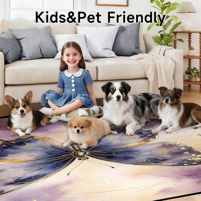 Purple Gold Celestial Butterfly 5'x7' Area Rugs for Living Room Mat